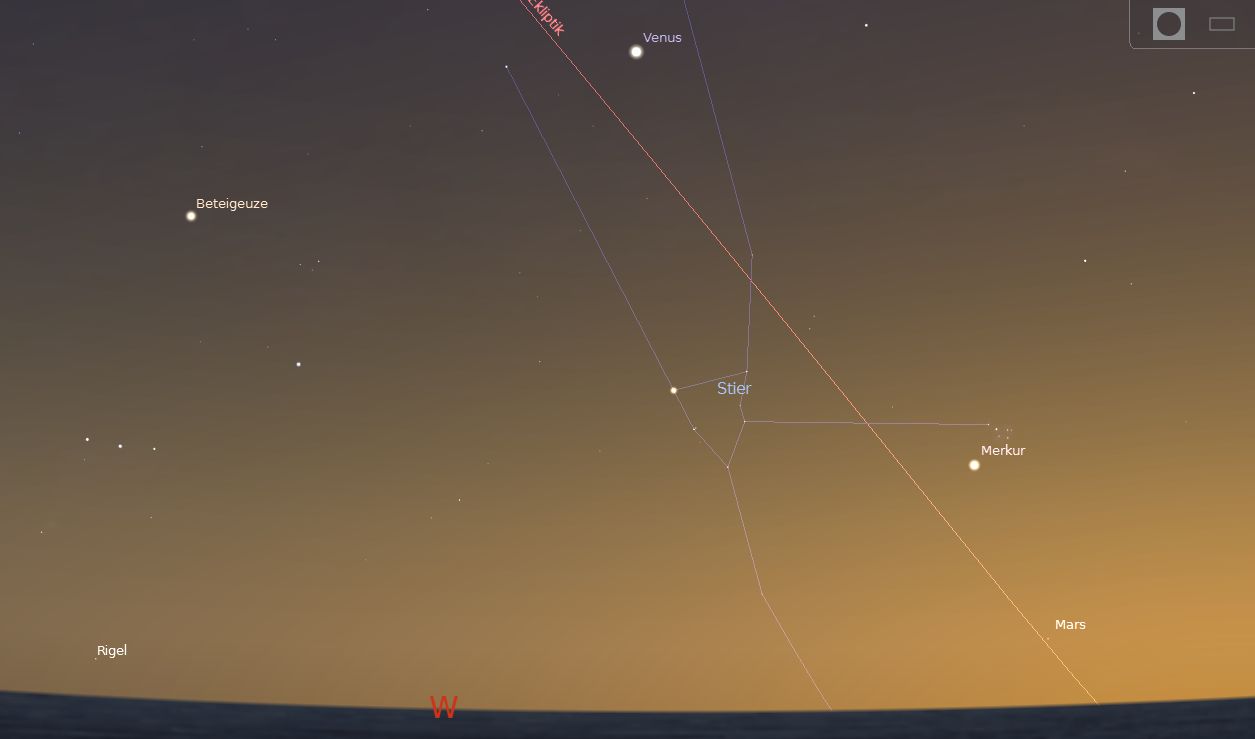 Himmelsanblick Richtung Westen heute Abend. Bild erstellt mit Stellarium.