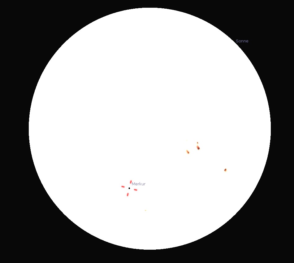 Ein schwarzer Fleck auf der Sonne: Merkur am 9. Mai. Die Simulation mit Stellarium zeigt, wie klein der Planet erscheinen wird. 