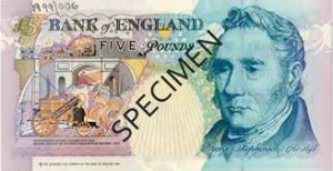 Old £5 note, featuring George Stephenson; from the Bank of England website