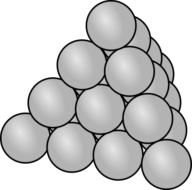 A triangular pyramid of spheres, with 1 in the top layer, 3 in the layer below, 6 in the layer below that and 10 on the bottom layer