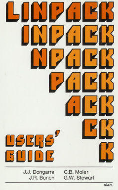 Photo of the cover of the LINPACK User's Guide, listing four authors including J. J. Dongarra