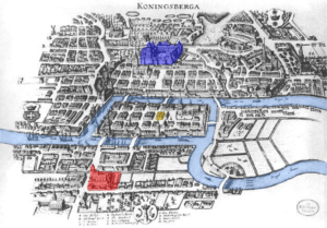 City of Königsberg, with a red castle on the south bank, a blue castle on the north bank and a yellow inn in the centre