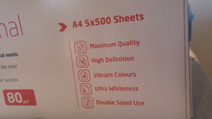 Box of A4 paper listing its many wonderful properties