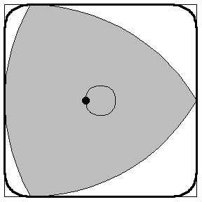 Animation of a Reuleaux triangle moving inside a square hole. The centre of the triangle moves around a loop in the centre, and the corners of the triangle move into the corners of the square one at a time