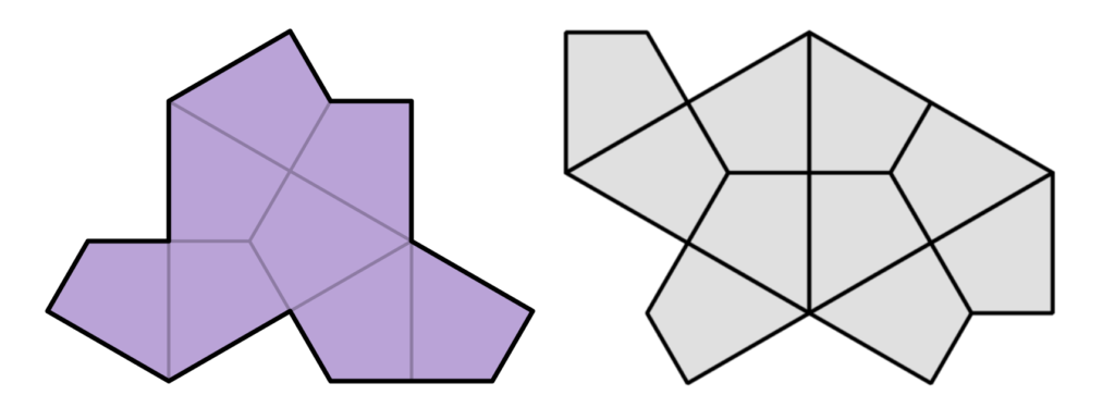 Two images of aperiodic monotiles, both made from kite-shaped sections of hexagons, one that looks very slightly like a fancy hat and one that looks a bit like a turtle