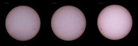 The Sun from 6 to 8 July 2012, showing prominent sunsput groups 1515 and 1519, source: Michael Khan, AAW Darmstadt