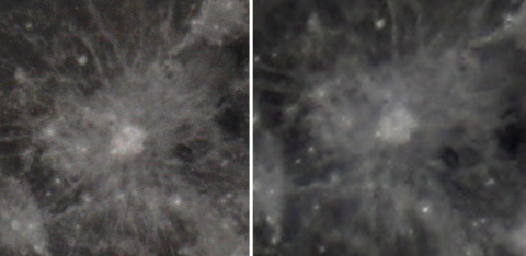 Comparison of full moon images, 127 mm/1250 mm Maksutov (left), 70 mm/420 mm Apo (right), source: Michael Khan