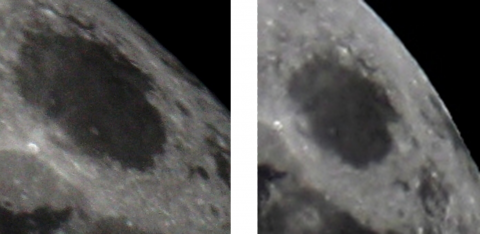 Comparison of full moon images, 127 mm/1250 mm Maksutov (left), 70 mm/420 mm Apo (right), source: Michael Khan