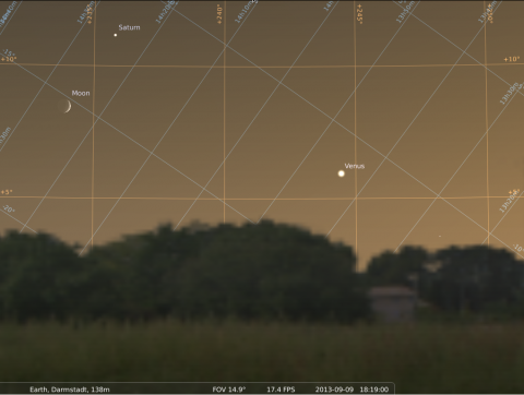 Begegnung von Mond, Venus, Saturn und Spica am 9.9.2013, Quelle: Michael Khan via Stellarium