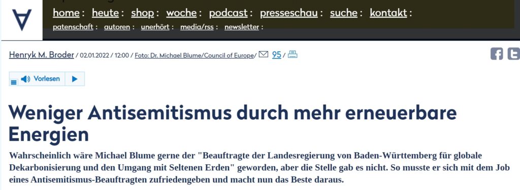 Header eines achgut-Blogposts von Henryk M. Broder auf der Achse des Guten gegen Dr. Michael Blume mit der Überschrift "Weniger Antisemitismus durch mehr erneuerbare Energien". Klick führt zu einer Berichterstattung der Stuttgarter Zeitung (StZ)