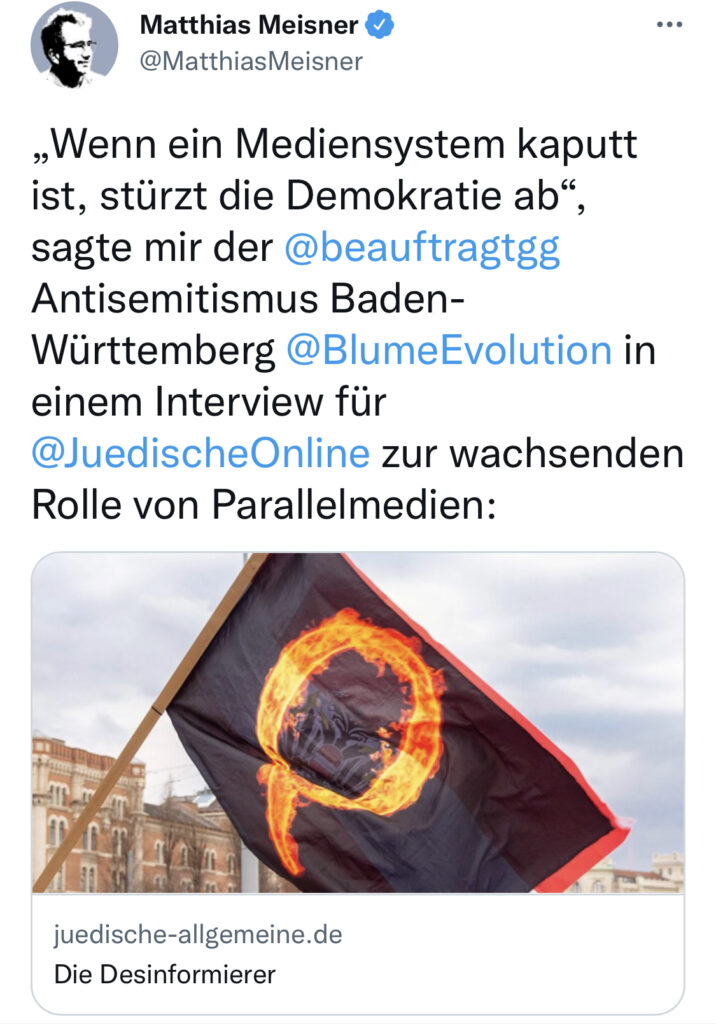 Tweet des Autors Matthias Meisner zum Artikel "Die Desinformierer" in der Jüdischen Allgemeinen, Mai 2022. Link führt zum Link