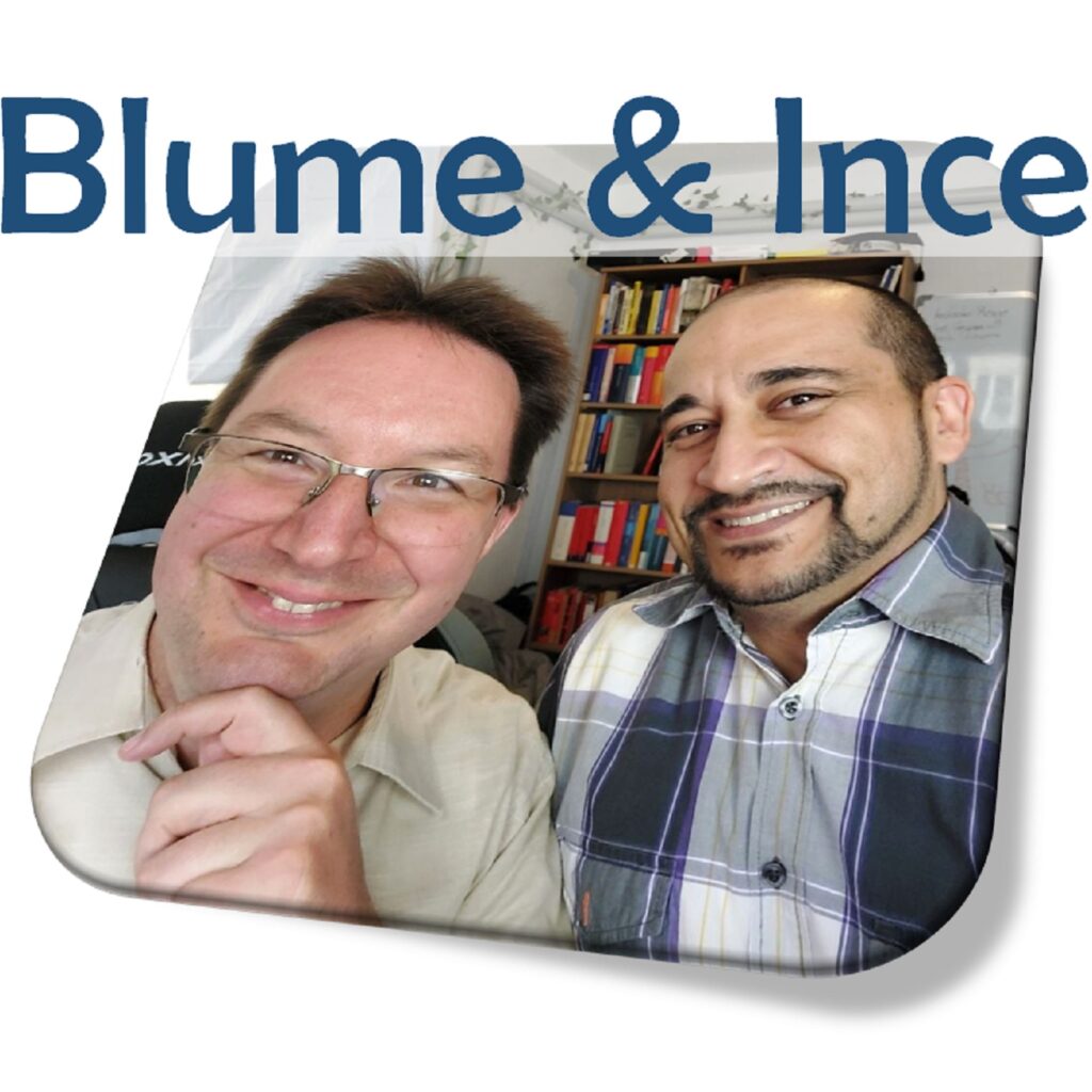 Eine schräggestellte Foto mit Dr. Michael Blume links und Prof. Dr. Inan Ince rechts bildet das Symbol unseres Podcasts "Blume & Ince".