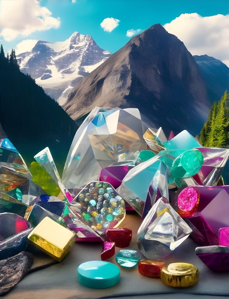 Vor einer malerischen Bergkulisse stapeln sich Heilkristalle, Pillendosen, Drops und Edelmetallbarren als KI-generiertes Beispiel für esoterische Produkte.