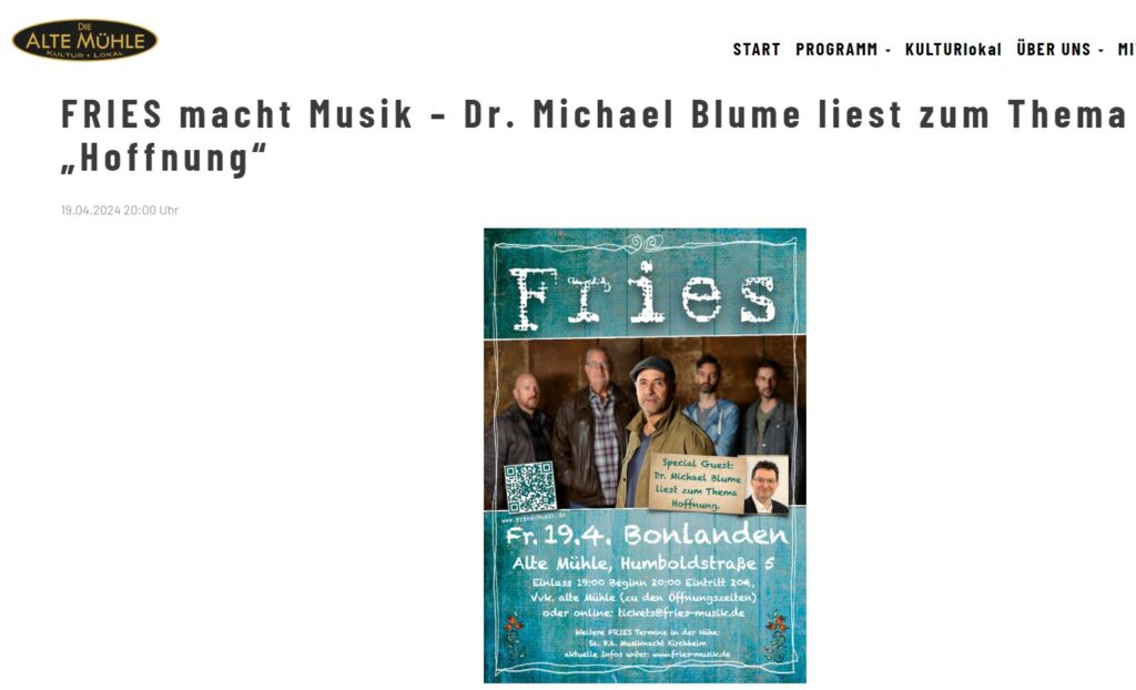 Einladungsflyer zur Veranstaltung: "FRIES macht Musik - Dr. Michael Blume liest zum Thema Hoffnung" am 19.04.2024 in der Alten Mühle Filderstadt-Bonlanden. Klick führt zur Homepage der Alten Mühle