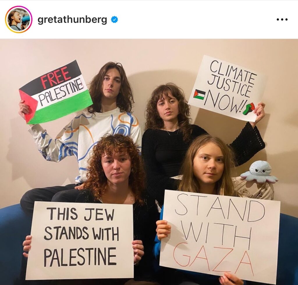 Vier jüngere Personen. eine davon Greta Thunberg, halten anti-israelische Poster in die Höhe.