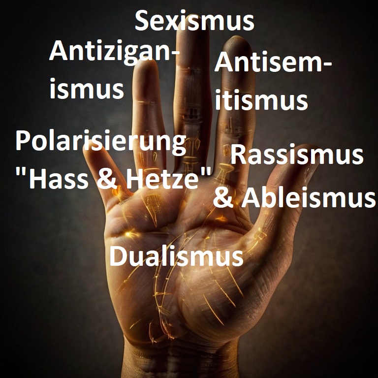 Die "Hand des feindseligen Dualismus" mit Sexismus, Antisemitismus, Antiziganismus, Rassismus & Ableismus sowie Hass und Hetze wird im L.-E.-Vortrag von Dr. Michael Blume erklärt. Klick führt zum Redeskript als pdf