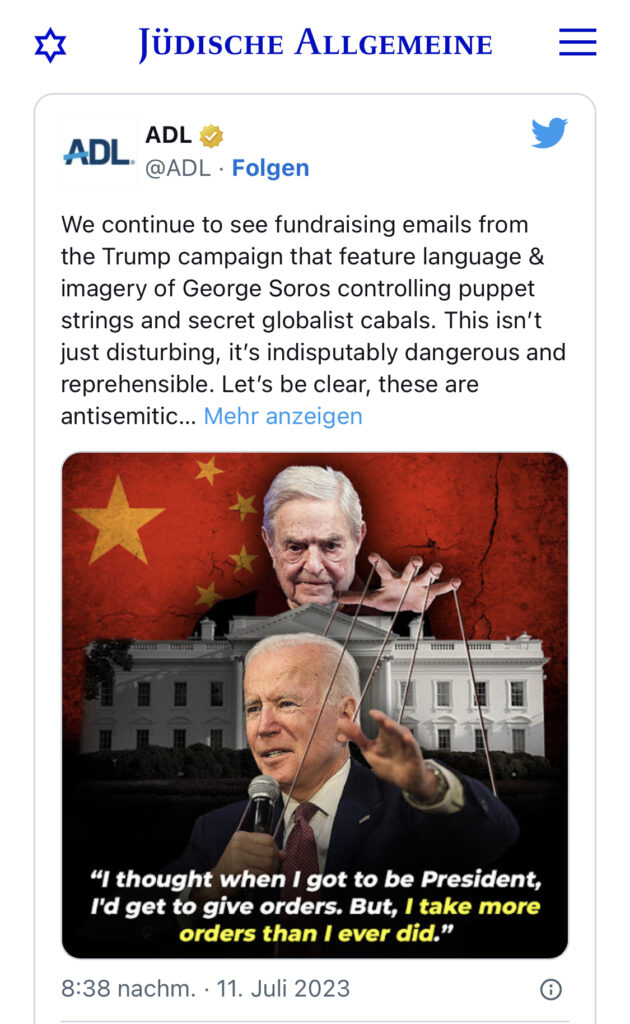 Die ADL protestiert gegen antisemitische Mailings der Trump-Kampagne, die vorgeben, eine chinesisch-jüdische Allianz um den Holocaust-Überlebenden George Soros kontrolliere das Weiße Haus und konkret Präsident Joe Biden.