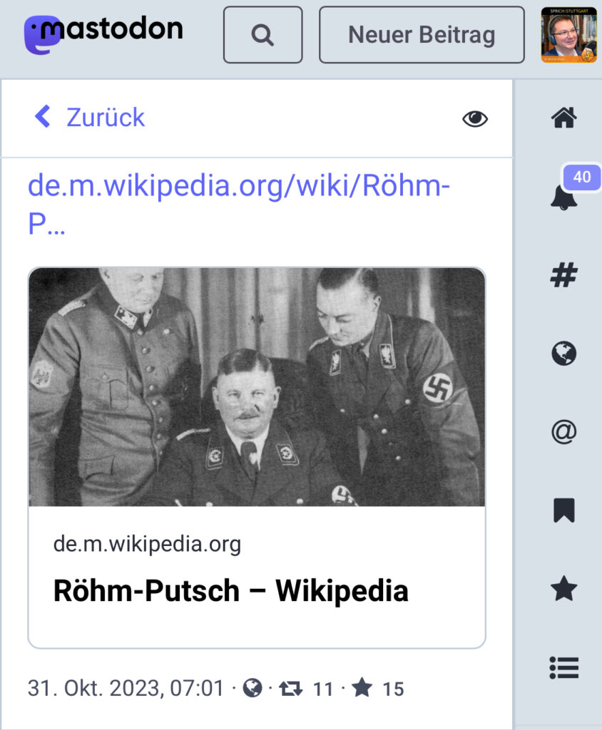 Wikipedia spielt Stand 31.10.2023 die Fotografie drei grinsender Nationalsozialisten über dem auch sachlich falschen NS-Propagandabegriff "Röhm-Putsch" ein, hier auf Mastodon.