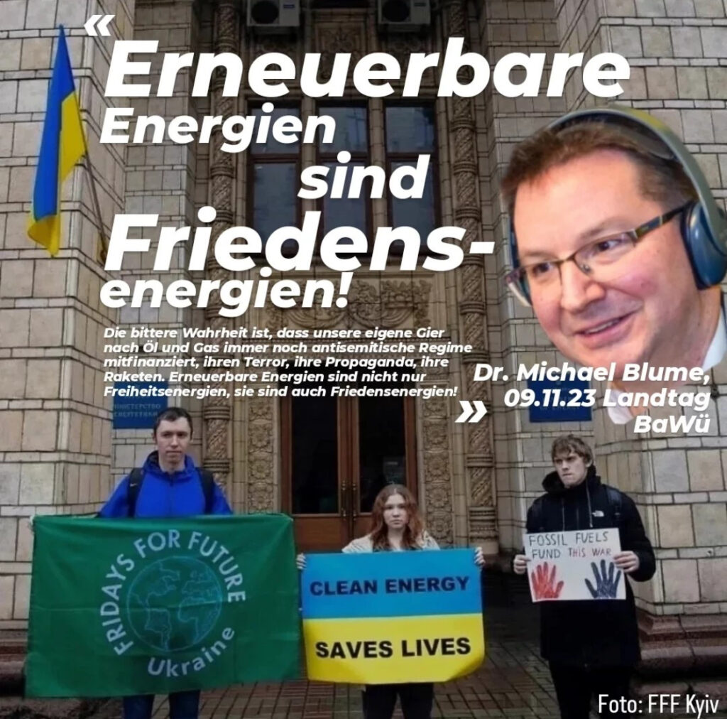 Ein Mastodon-Mem mit der Überschrift "Erneuerbare Energien sind Friedensenergien" und einem Redezitat sowie einem Foto von Dr. Michael Blume. Klick führt zur zitierten Rede im Landtag von Baden-Württemberg am 9.11.2023