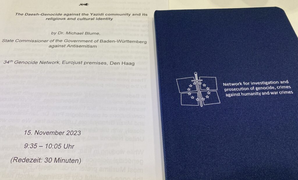 Front letter of the Eurojust-speech by Dr. Michael Blume and a booklet by the Eurojust "Network for investigation and prosecution of genocide, crimes against humanity and war crimes", Den Haag 2023
