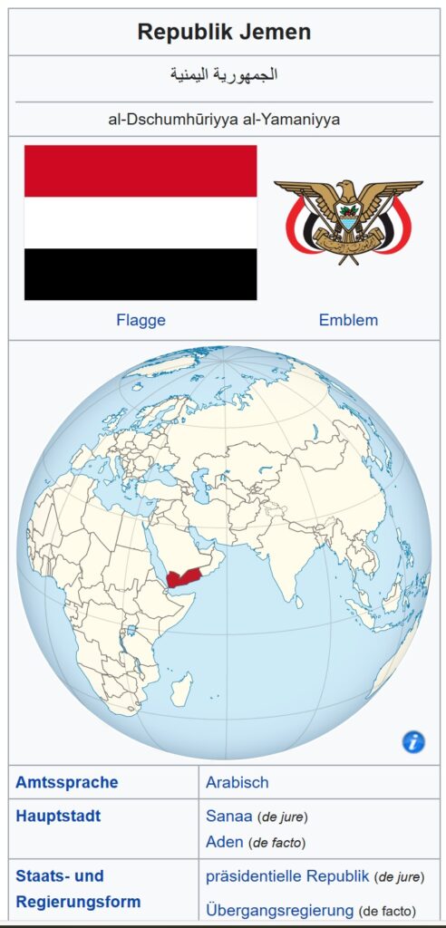 Weltkugel, auf der der Jemen rot hervorgehoben ist. Link führ zum Wikipedia-Artikel Jemen