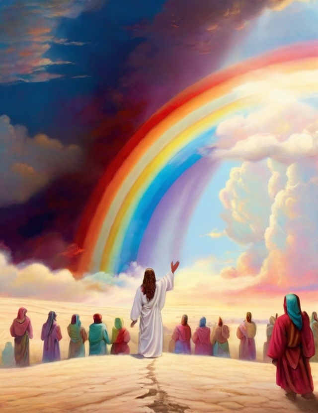 Rabbi Jesus steht mit dem Rücken zur Blickrichtung auf einer sich spaltenden Wüstenlandschaft und entwirft einen bunten Regenbogen, der dunkle Bedrohungen aufhält. Mit ihm schauen zahlreiche Menschen, darunter eine hervorgehobene Frau mit Kopftuch, auf das himmlische Spektakel. Klick führt zum ORD-Vortrag von Dr. Michael Blume