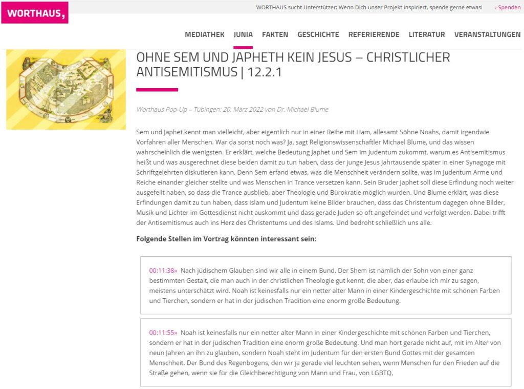 Der Screenshot zeigt eine Auswertung der Worthaus-KI Junia der Podcast-Folge von Dr. Michael Blume vom 20. März 2022: "Ohne Sem und Japheth kein Jesus - Christlicher Antisemitismus"