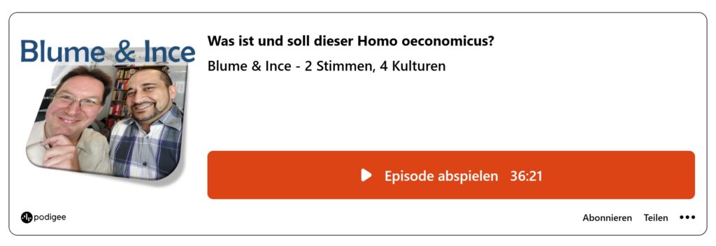 Der Episodenrahmen der Podcast-Folge von Blume & Ince fragt: "Was ist und soll dieser Homo oeconomicus?". Die Länge der Folge wird mit 36 Minuten und 21 Sekunden angegeben, ein Klick führt zum kostenfreien podigee-Abspieler.