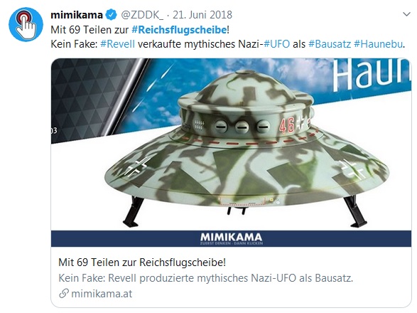 Mimikama-Aufklärung zur Revell-Reichsflugscheibe Haunebu, 2018