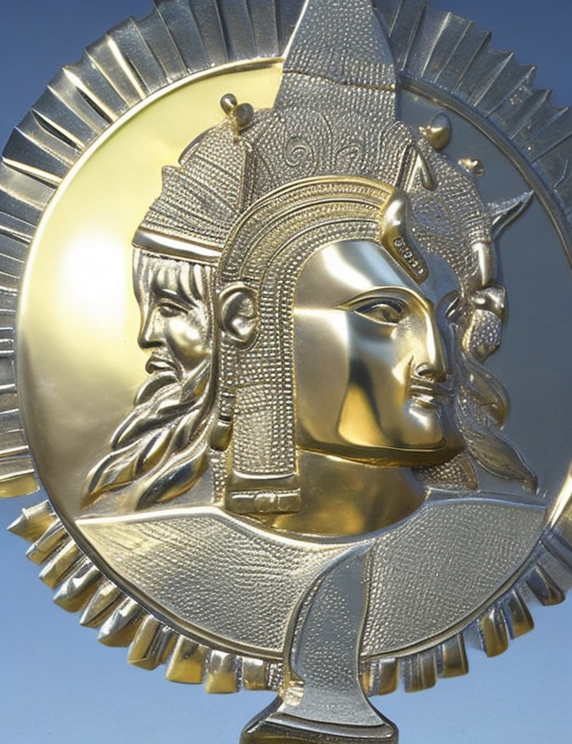 Ein Siler-Gold-legierte Scheibe mit Sonnenstrahlen und je einem jüngeren und älteren Haupt einer Gottheit.