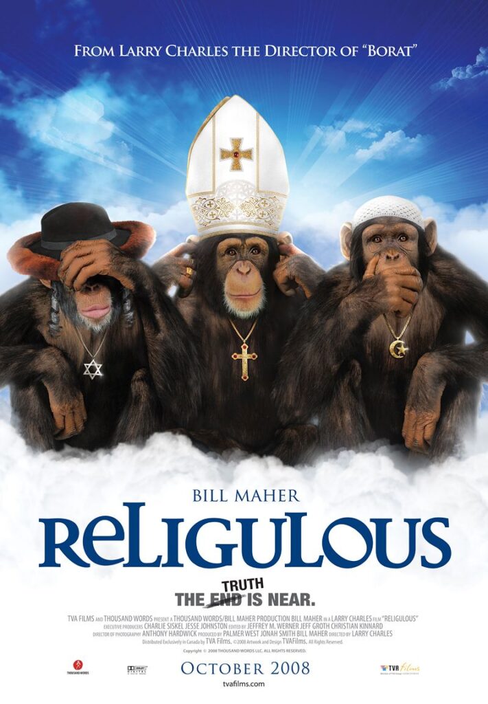 Das Filmplakat von "Religulous" (2008) zeigte drei Schimpansen mit Symbolen der 3 Religionen Judentum, Christentum und Islam.