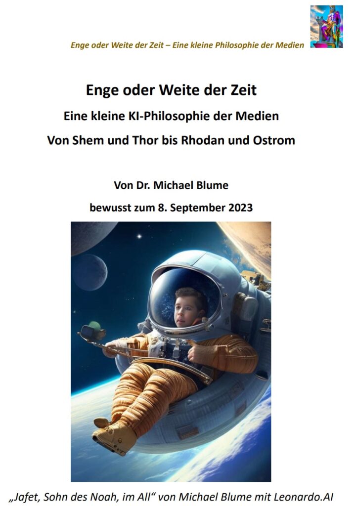 Coverbild des eBooklet "Enge oder Weite der Zeit" von Dr. Michael Blume mit einem kleinen Jungen in einem großen Raumanzug und der Bildbeschriftung: Jafet, Sohn des Noah, im All.
