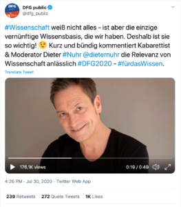 Screenshot des Tweets der Deutschen Forschungsgemeinschaft, in dem die Organisation den Beitrag von Dieter Nuhr zu ihrem Jubiläumsjahr bewirbt