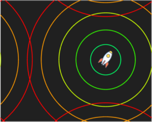 Schnappschuss der Torus-Universums-App: Rechts das Raumschiff, ebenfalls sichtbar sind verschiedene Licht-Kreiswellen