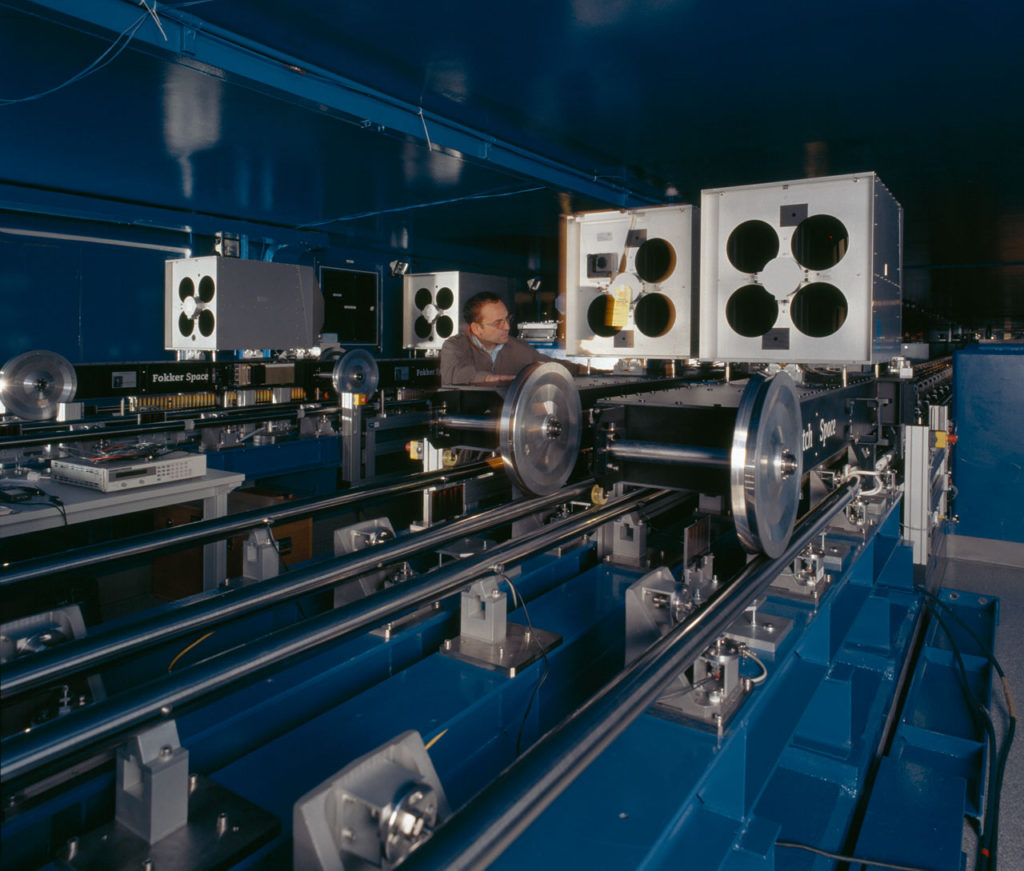 The VLTI delay lines: to combine interferometrically the light from various telescopes, one has to compensate the fact that the telescopes are not at the same distance to the observed star. This is done sending the light in this tunnel, where it bounces on mirrors mounted on trolleys, adjusting the position of the trolley with a precision of less than a micron. The North section of the tunnel is visible here.