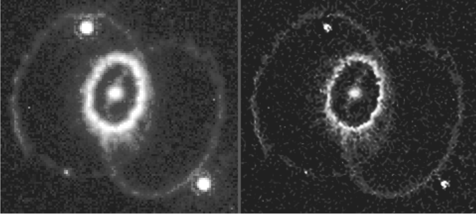 Astronomische Trugbilder können auch nützlich sein: Überrest der Supernova 1987a, aufgenommen mit dem Weltraumteleskop Hubble. Links das Rohbild, rechts das verarbeitete Bild, bei dem die PSF soweit wie möglich herausgerechnet ist. 